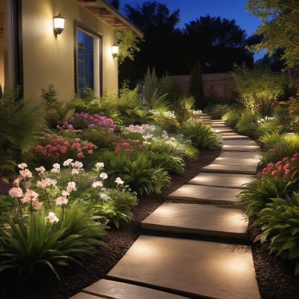A serene outdoor landscape at twilight, showcasing a beautifully lit garden with energy-efficient LED lights illuminating various plants and pathways. Include elegant, stylish fixtures casting soft glows, surrounded by lush greenery and blooming flowers. The sky transitions from a warm sunset to a starry night, symbolizing sustainability and innovation in outdoor lighting. super-realistic. vibrant colors. 3D.