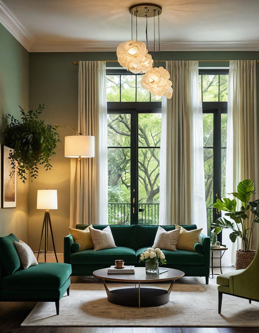 A beautifully designed living room showcasing a variety of aesthetic lighting fixtures, including pendant lights, floor lamps, and wall sconces, casting a warm, inviting glow. The space is adorned with modern furniture, lush plants, and artful decorations that complement the lighting design. Subtle details highlight the interplay of light and shadow, creating an enchanting atmosphere. Dreamy and serene, inviting viewers to explore the beauty of lighting in home decor. super-realistic. vibrant colors. cozy ambiance.