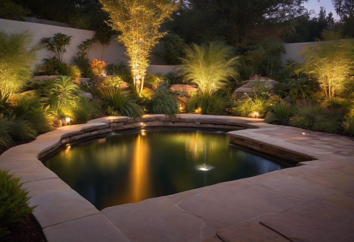 A stunning outdoor evening scene showcasing an array of FX Luminaire lighting products illuminating a stylish landscape garden. Soft, ambient lighting highlights the textures of various plants and pathways, creating a tranquil atmosphere. Incorporate accent lights highlighting a modern water feature and surrounding flora. Add a warm sunset in the background to evoke a cozy feel. super-realistic. vibrant colors. evening setting.